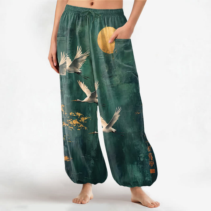 Buddha Stones Pantalones harem de algodón con estampado de grulla oriental y luna para mujer, cintura elástica y bolsillos laterales. - Verde azulado - US16，UK/AU20，EU48 (3XL) - image 0