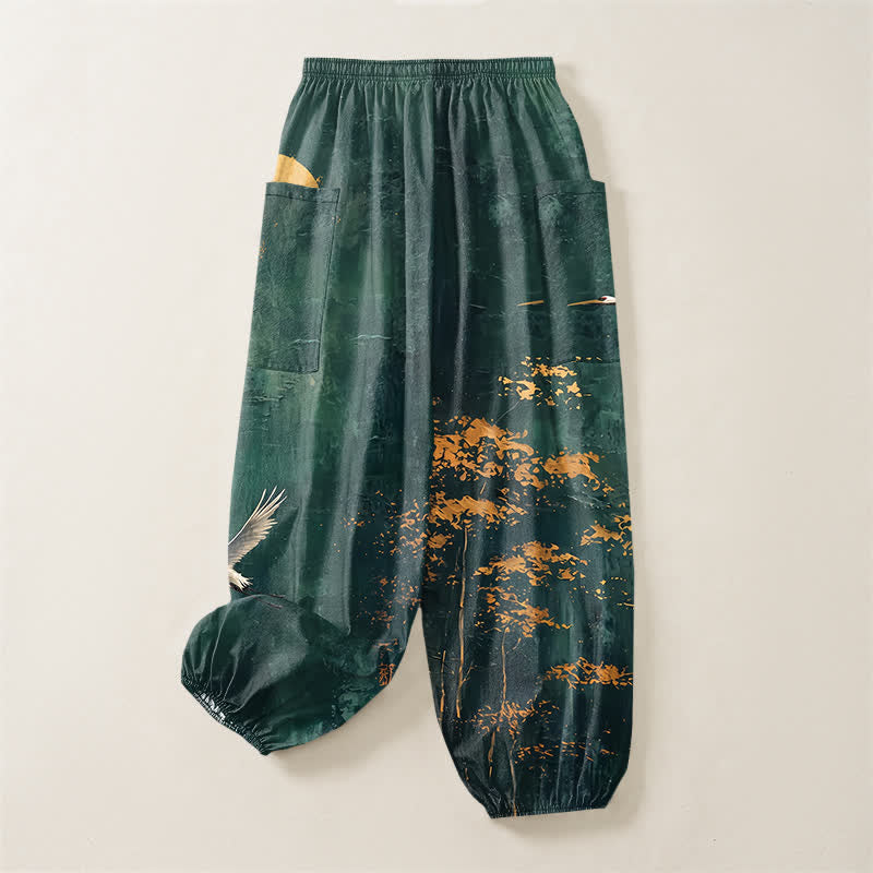 Buddha Stones Pantalones harem de algodón con estampado de grulla oriental y luna para mujer, cintura elástica y bolsillos laterales. - image 4