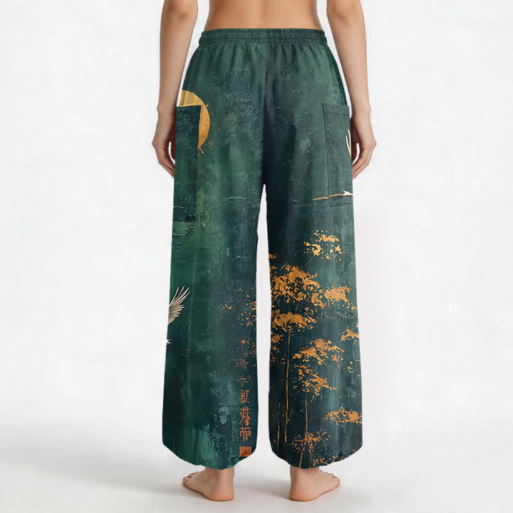 Buddha Stones Pantalones harem de algodón con estampado de grulla oriental y luna para mujer, cintura elástica y bolsillos laterales. - image 2