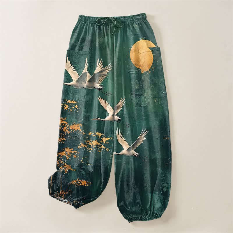 Buddha Stones Pantalones harem de algodón con estampado de grulla oriental y luna para mujer, cintura elástica y bolsillos laterales. - image 3