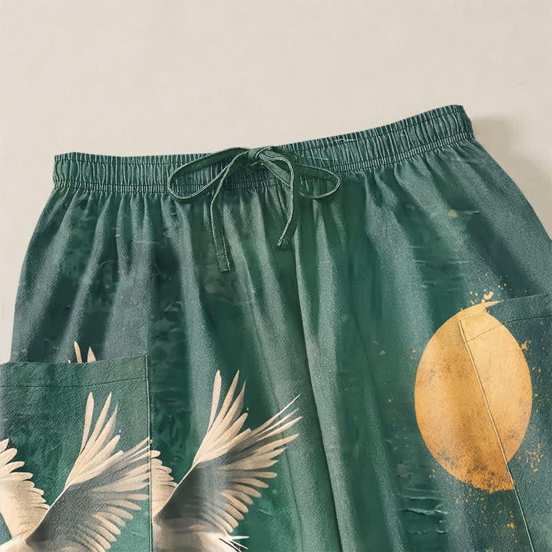 Buddha Stones Pantalones harem de algodón con estampado de grulla oriental y luna para mujer, cintura elástica y bolsillos laterales. - image 5
