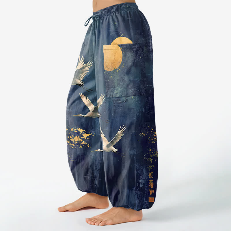 Buddha Stones Pantalones harem de algodón con estampado de grulla oriental y luna para mujer, cintura elástica y bolsillos laterales. - image 8
