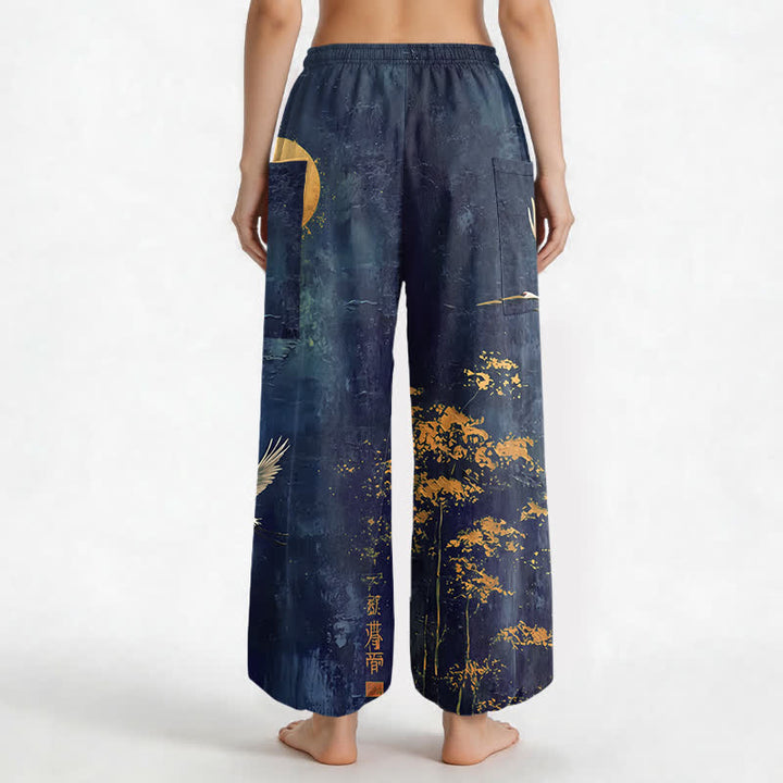 Buddha Stones Pantalones harem de algodón con estampado de grulla oriental y luna para mujer, cintura elástica y bolsillos laterales. - image 9
