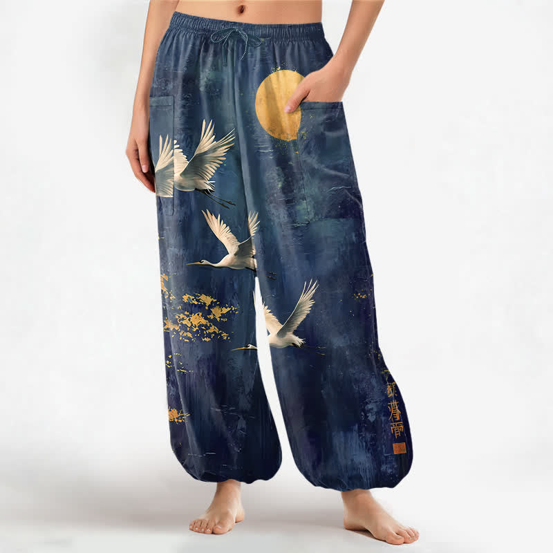 Buddha Stones Pantalones harem de algodón con estampado de grulla oriental y luna para mujer, cintura elástica y bolsillos laterales. - Marina de guerra - US16，UK/AU20，EU48 (3XL) - image 7