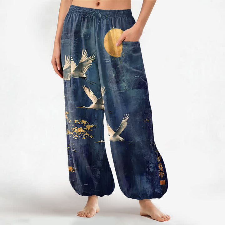 Buddha Stones Pantalones harem de algodón con estampado de grulla oriental y luna para mujer, cintura elástica y bolsillos laterales. - Marina de guerra - US16，UK/AU20，EU48 (3XL) - image 7