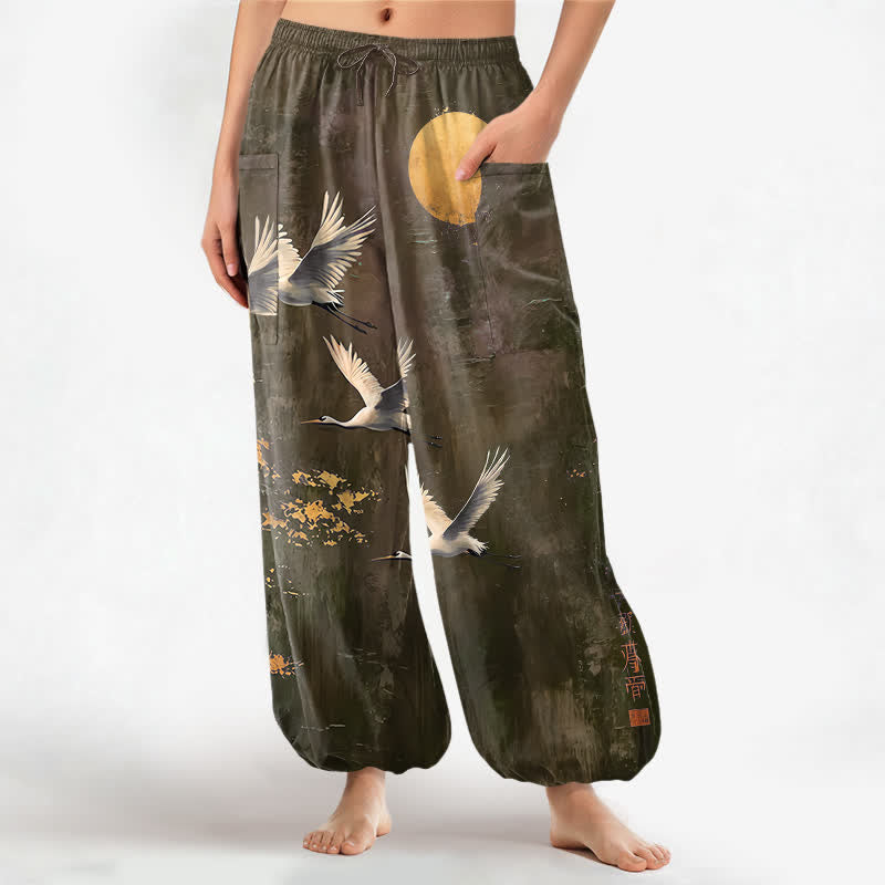 Buddha Stones Pantalones harem de algodón con estampado de grulla oriental y luna para mujer, cintura elástica y bolsillos laterales. - Aceituna - US16，UK/AU20，EU48 (3XL) - image 10