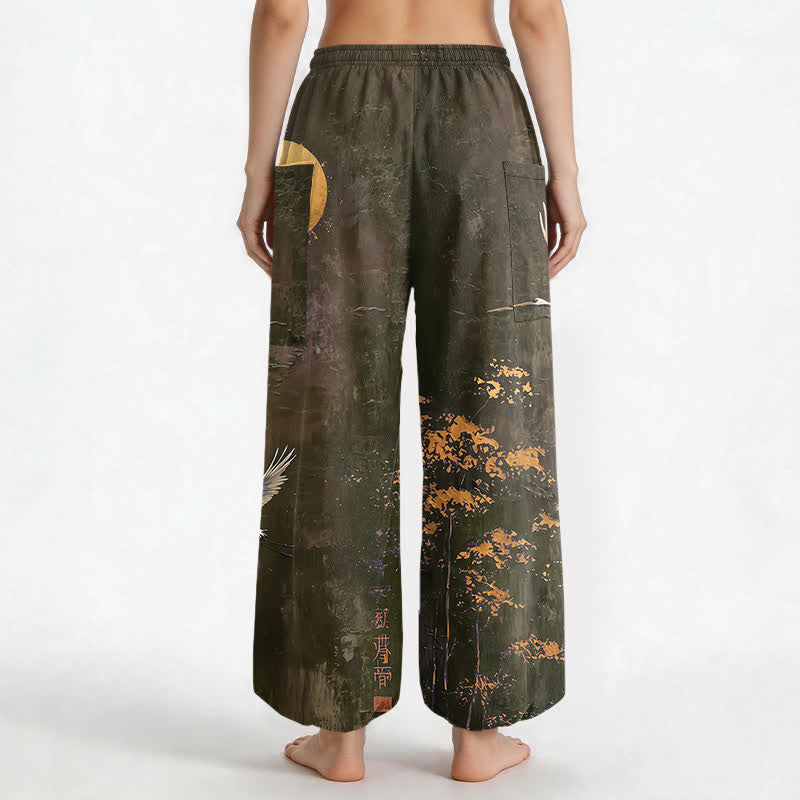Buddha Stones Pantalones harem de algodón con estampado de grulla oriental y luna para mujer, cintura elástica y bolsillos laterales. - image 12
