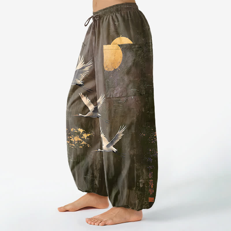 Buddha Stones Pantalones harem de algodón con estampado de grulla oriental y luna para mujer, cintura elástica y bolsillos laterales. - image 11