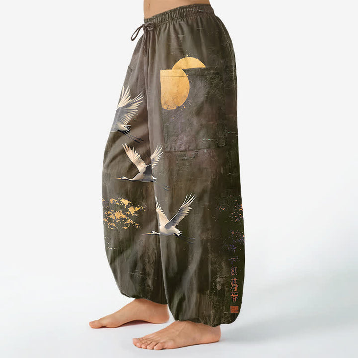 Buddha Stones Pantalones harem de algodón con estampado de grulla oriental y luna para mujer, cintura elástica y bolsillos laterales. - image 11