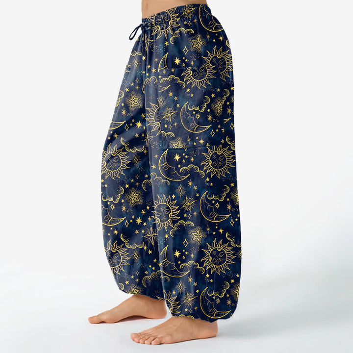 Buddha Stones Pantalones harem de algodón para mujer con estampado de sol, luna y estrellas, cintura elástica y bolsillos laterales. - image 1
