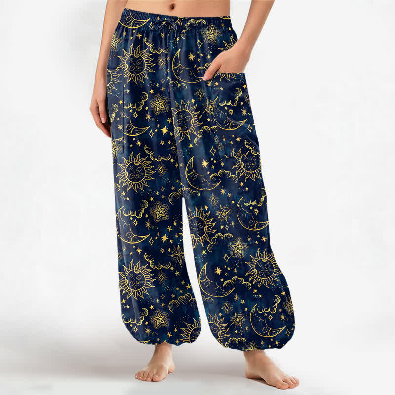 Buddha Stones Pantalones harem de algodón para mujer con estampado de sol, luna y estrellas, cintura elástica y bolsillos laterales. - Marina de guerra - US16，UK/AU20，EU48 (3XL) - image 0