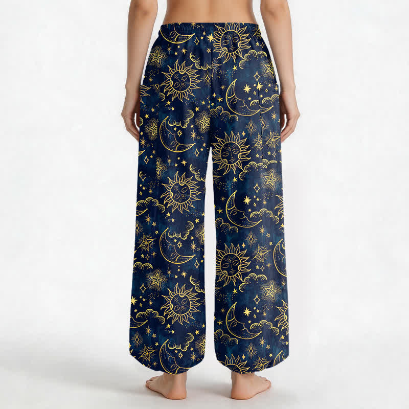 Buddha Stones Pantalones harem de algodón para mujer con estampado de sol, luna y estrellas, cintura elástica y bolsillos laterales. - image 2