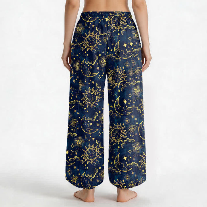 Buddha Stones Pantalones harem de algodón para mujer con estampado de sol, luna y estrellas, cintura elástica y bolsillos laterales. - image 2
