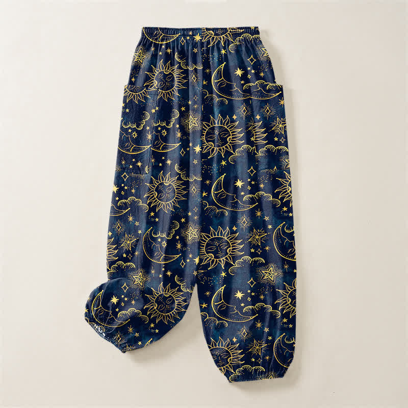 Buddha Stones Pantalones harem de algodón para mujer con estampado de sol, luna y estrellas, cintura elástica y bolsillos laterales. - image 4