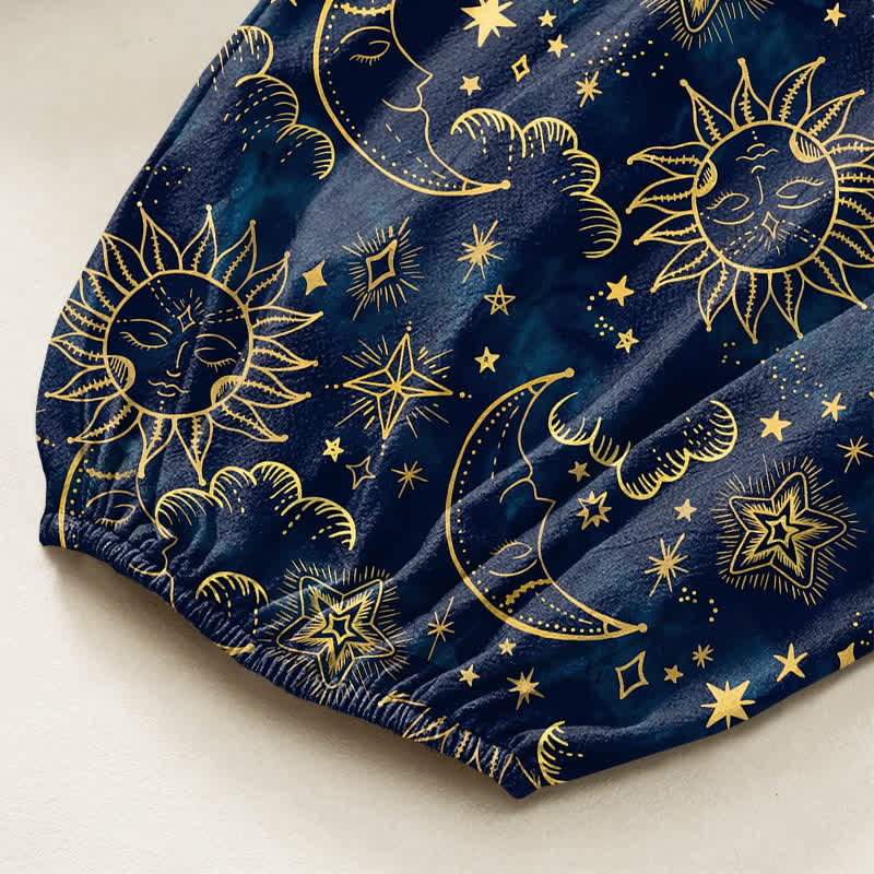 Buddha Stones Pantalones harem de algodón para mujer con estampado de sol, luna y estrellas, cintura elástica y bolsillos laterales. - image 6