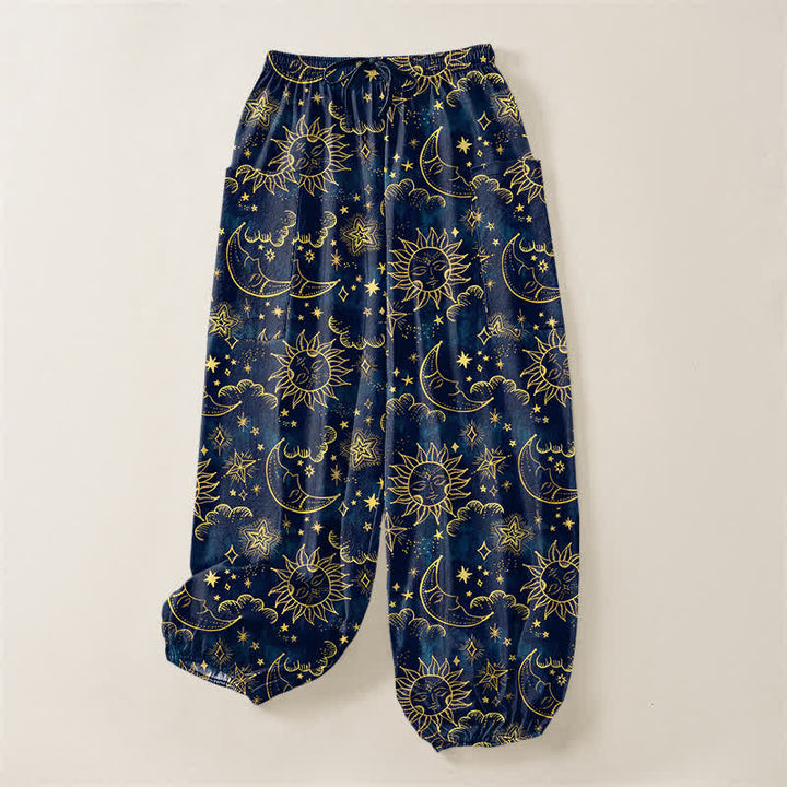 Buddha Stones Pantalones harem de algodón para mujer con estampado de sol, luna y estrellas, cintura elástica y bolsillos laterales. - image 3