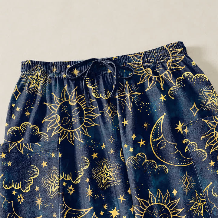 Buddha Stones Pantalones harem de algodón para mujer con estampado de sol, luna y estrellas, cintura elástica y bolsillos laterales. - image 5