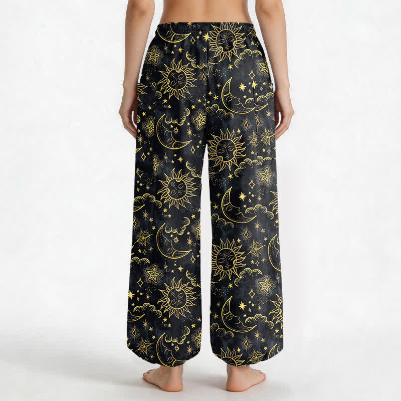 Buddha Stones Pantalones harem de algodón para mujer con estampado de sol, luna y estrellas, cintura elástica y bolsillos laterales. - image 9