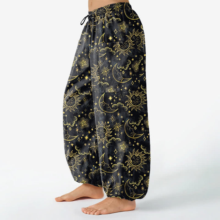 Buddha Stones Pantalones harem de algodón para mujer con estampado de sol, luna y estrellas, cintura elástica y bolsillos laterales. - image 8