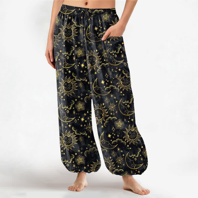 Buddha Stones Pantalones harem de algodón para mujer con estampado de sol, luna y estrellas, cintura elástica y bolsillos laterales. - Negro - US16，UK/AU20，EU48 (3XL) - image 7