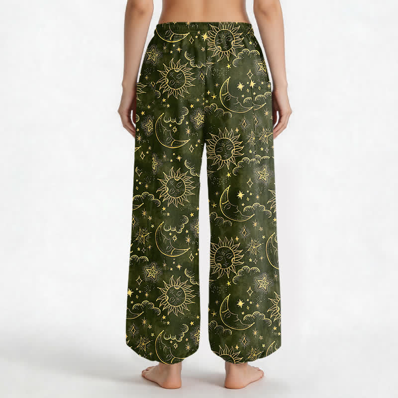 Buddha Stones Pantalones harem de algodón para mujer con estampado de sol, luna y estrellas, cintura elástica y bolsillos laterales. - image 12