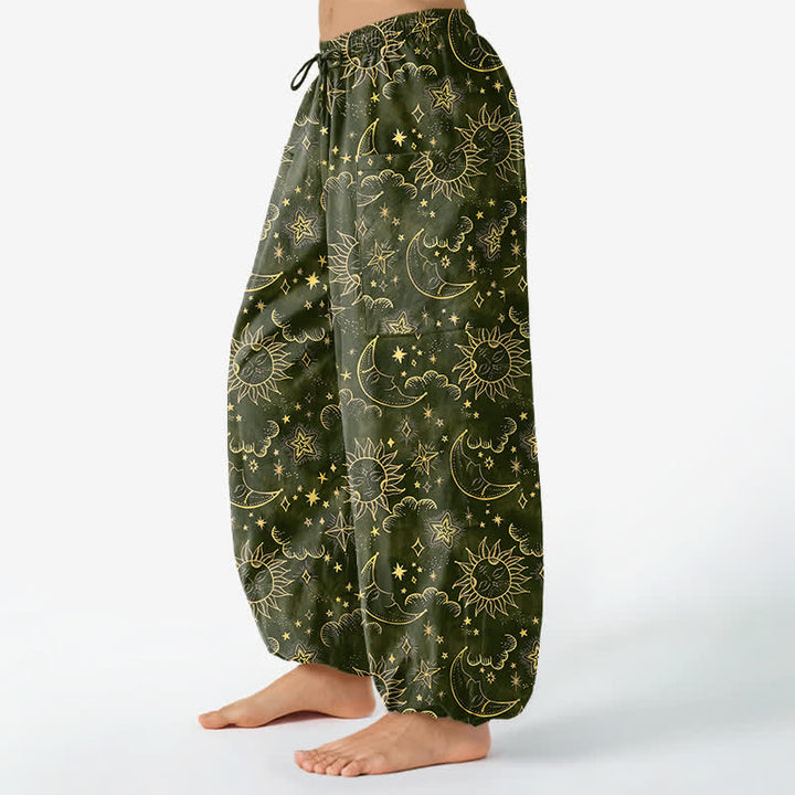 Buddha Stones Pantalones harem de algodón para mujer con estampado de sol, luna y estrellas, cintura elástica y bolsillos laterales. - Verde oliva oscuro - US16，UK/AU20，EU48 (3XL) - image 10