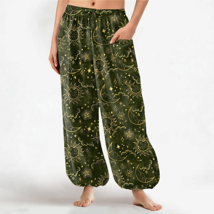 Buddha Stones Pantalones harem de algodón para mujer con estampado de sol, luna y estrellas, cintura elástica y bolsillos laterales. - image 11