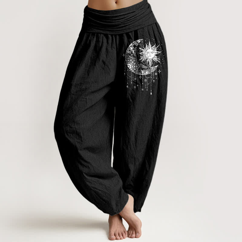 Buddha Stones Pantalones harem de mujer con cintura elástica y estampado de sol y luna celestiales, de algodón puro. - Negro - US16，UK/AU20，EU48 (3XL) - image 0