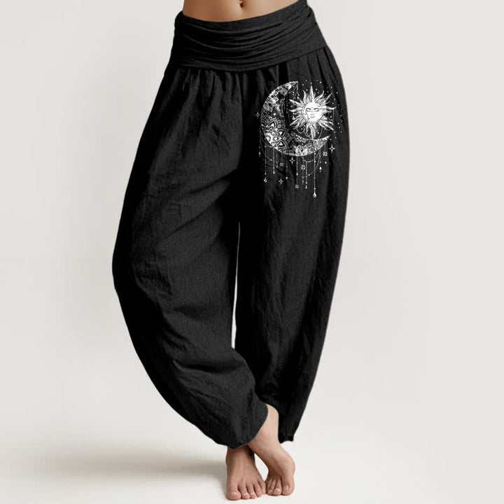 Buddha Stones Pantalones harem de mujer con cintura elástica y estampado de sol y luna celestiales, de algodón puro. - Negro - US16，UK/AU20，EU48 (3XL) - image 0