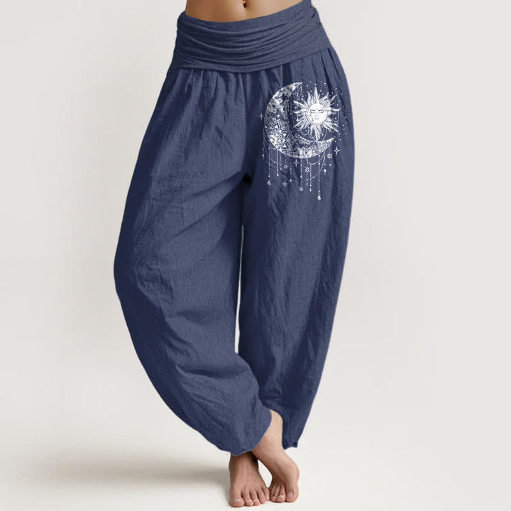 Buddha Stones Pantalones harem de mujer con cintura elástica y estampado de sol y luna celestiales, de algodón puro. - Azul pizarra oscuro - US16，UK/AU20，EU48 (3XL) - image 5