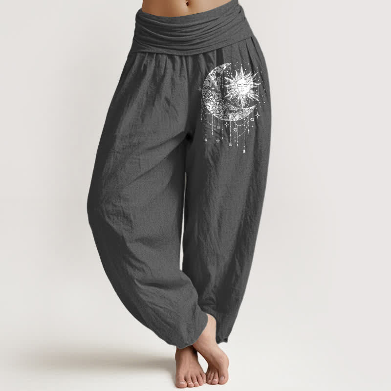 Buddha Stones Pantalones harem de mujer con cintura elástica y estampado de sol y luna celestiales, de algodón puro. - Gris oscuro - US16，UK/AU20，EU48 (3XL) - image 8