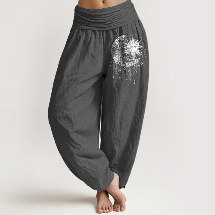 Buddha Stones Pantalones harem de mujer con cintura elástica y estampado de sol y luna celestiales, de algodón puro. - Gris oscuro - US16，UK/AU20，EU48 (3XL) - image 8