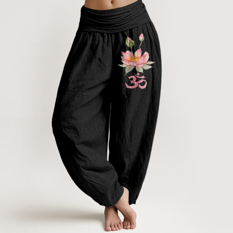 Buddha Stones Pantalones harem de mujer con cintura elástica y estampado de loto rosa de algodón puro. - Negro - US16，UK/AU20，EU48 (3XL) - image 0