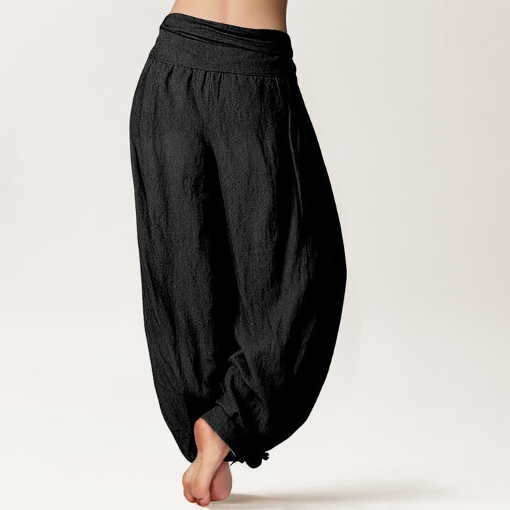 Buddha Stones Pantalones harem de mujer con cintura elástica y estampado de loto rosa de algodón puro. - image 2