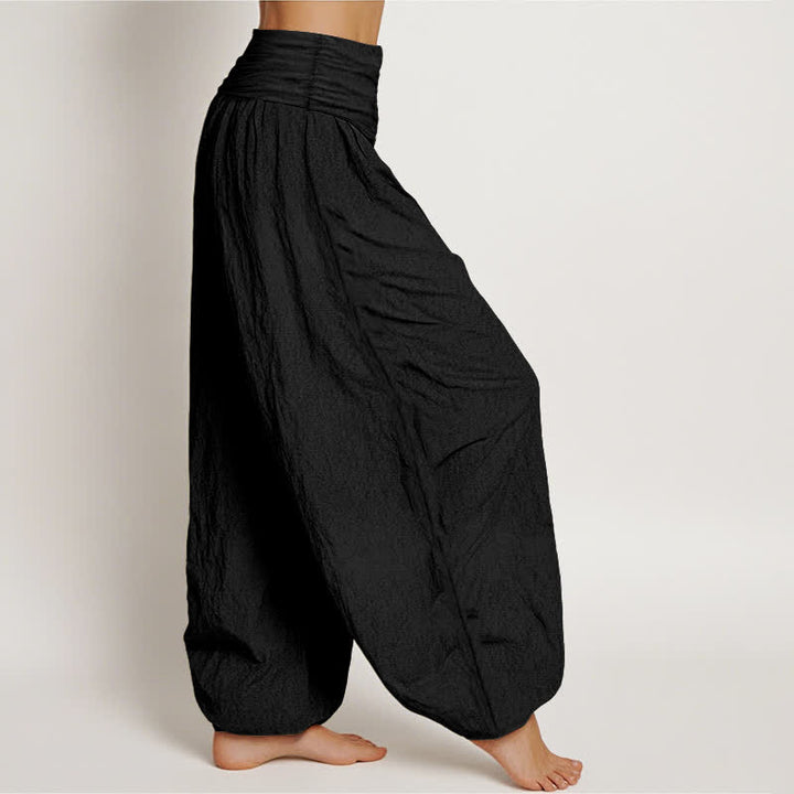 Buddha Stones Pantalones harem de mujer con cintura elástica y estampado de loto rosa de algodón puro. - image 1