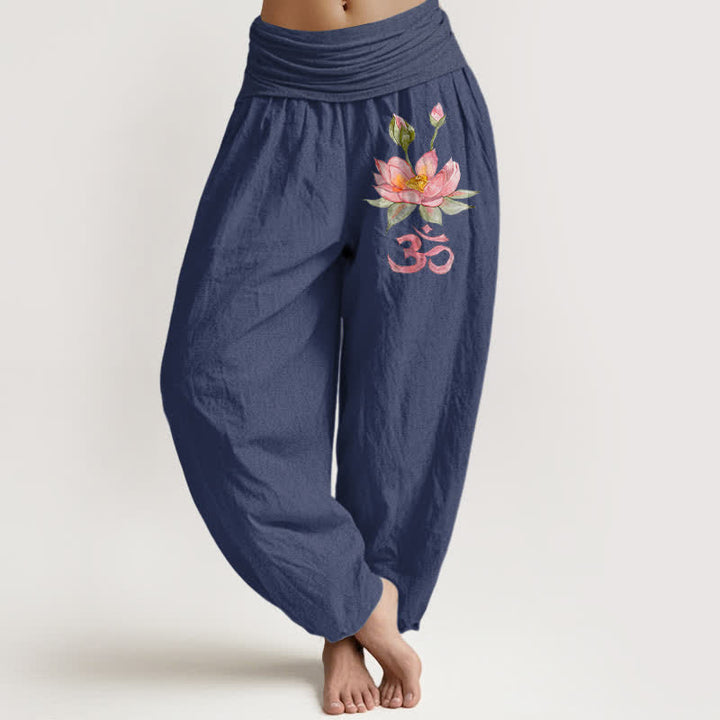 Buddha Stones Pantalones harem de mujer con cintura elástica y estampado de loto rosa de algodón puro. - Azul pizarra oscuro - US16，UK/AU20，EU48 (3XL) - image 5