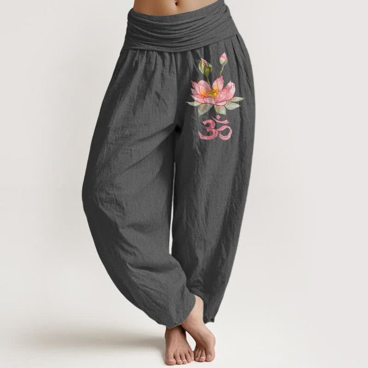 Buddha Stones Pantalones harem de mujer con cintura elástica y estampado de loto rosa de algodón puro. - Gris oscuro - US16，UK/AU20，EU48 (3XL) - image 8