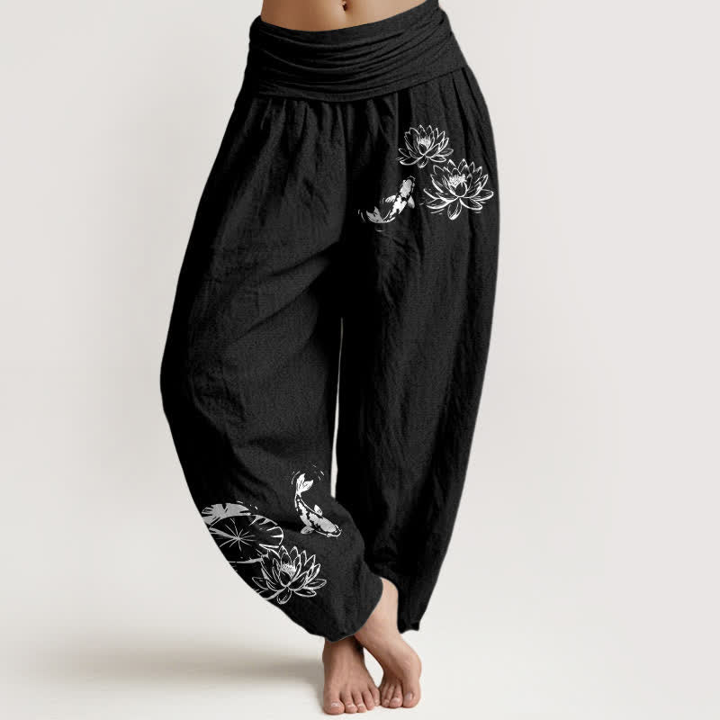 Buddha Stones Pantalones harem de algodón puro con estampado de loto koi para mujer con cintura elástica. - Negro - US16，UK/AU20，EU48 (3XL) - image 0