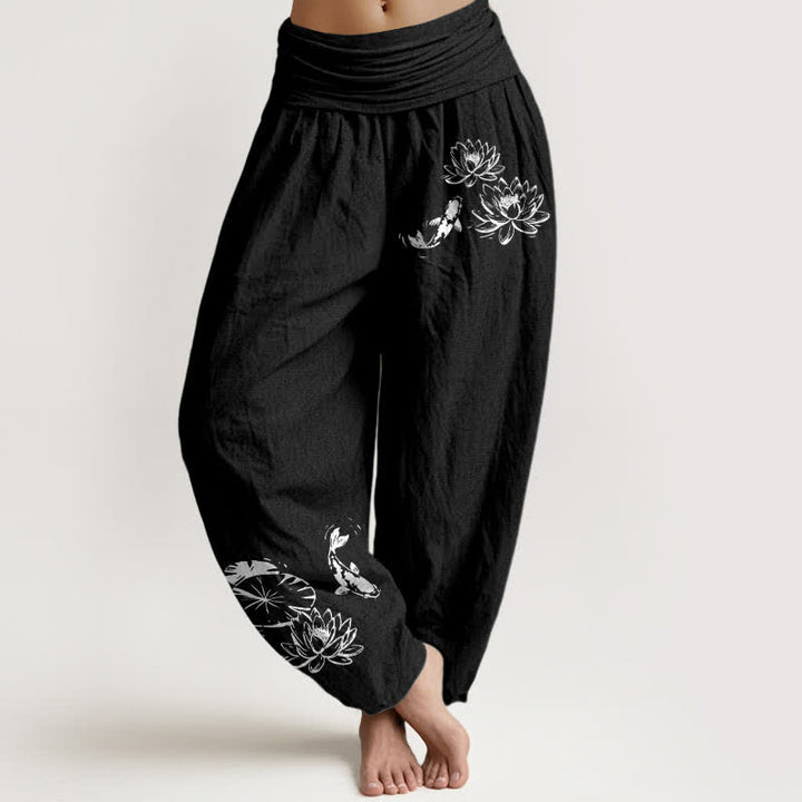 Buddha Stones Pantalones harem de algodón puro con estampado de loto koi para mujer con cintura elástica. - Negro - US16，UK/AU20，EU48 (3XL) - image 0