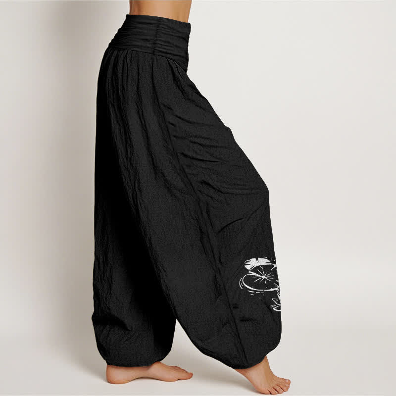 Buddha Stones Pantalones harem de algodón puro con estampado de loto koi para mujer con cintura elástica. - image 1