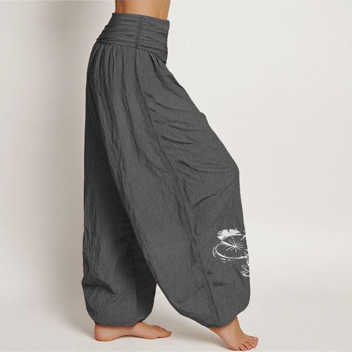 Buddha Stones Pantalones harem de algodón puro con estampado de loto koi para mujer con cintura elástica. - image 6
