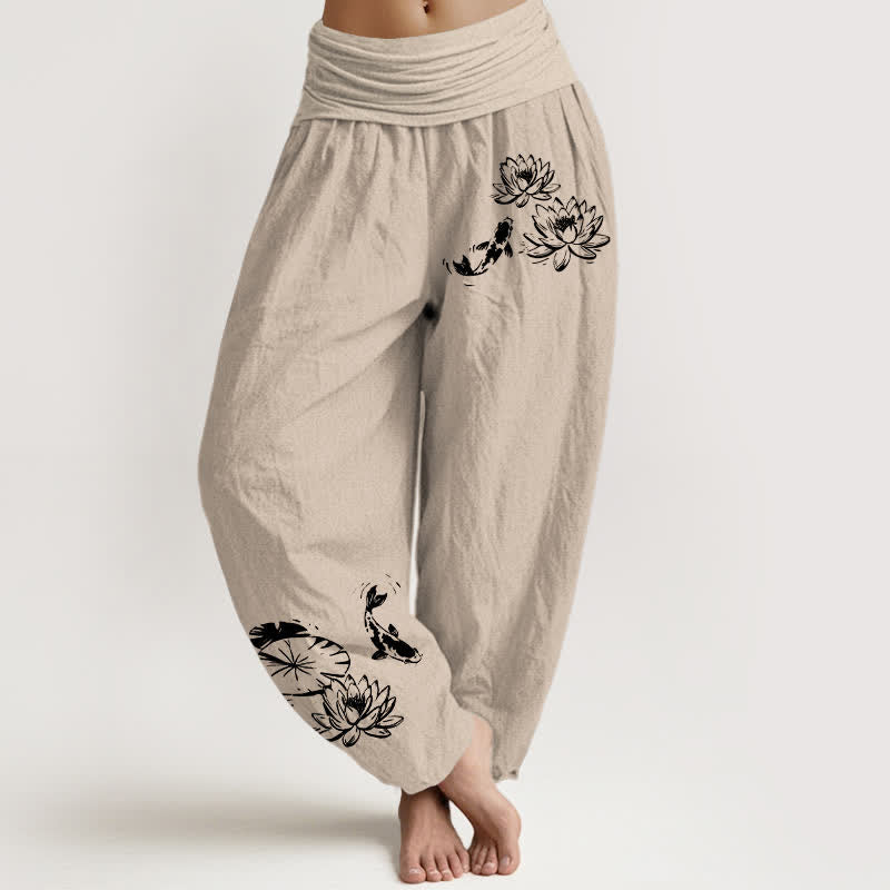 Buddha Stones Pantalones harem de algodón puro con estampado de loto koi para mujer con cintura elástica. - Broncearse - US16，UK/AU20，EU48 (3XL) - image 8
