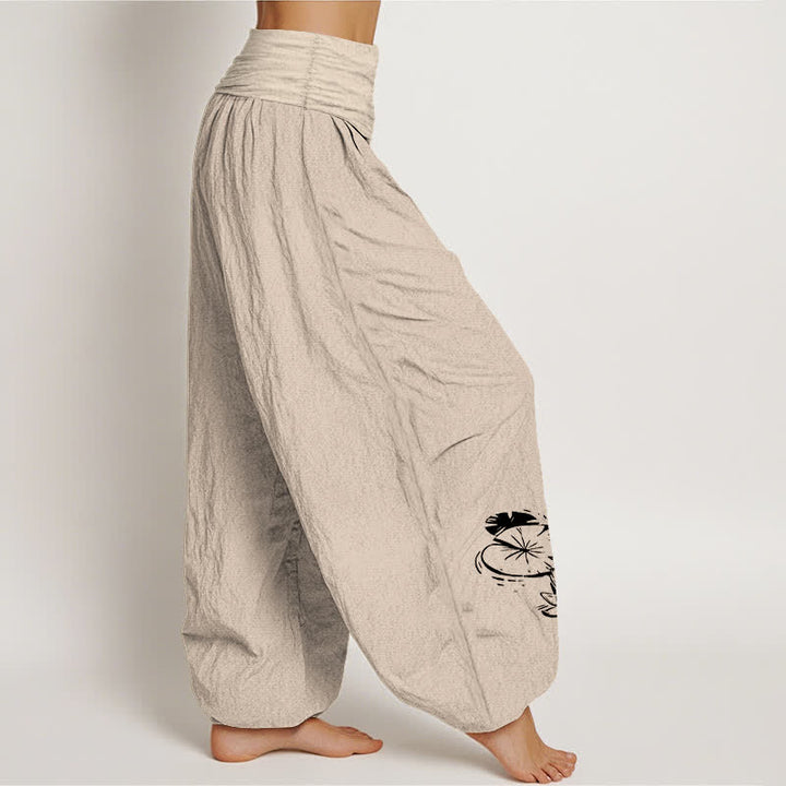 Buddha Stones Pantalones harem de algodón puro con estampado de loto koi para mujer con cintura elástica. - image 9