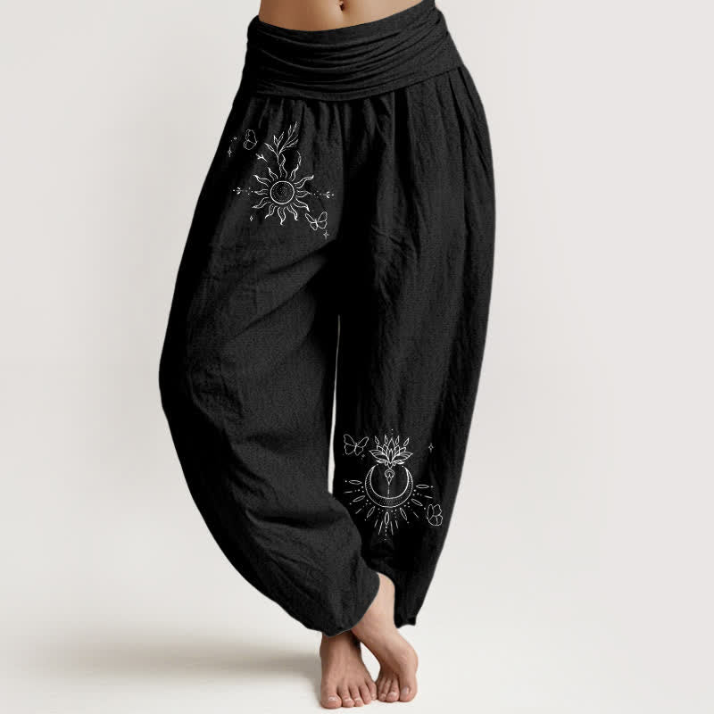 Buddha Stones Pantalones harem de algodón puro con estampado de mariposas, sol, loto y luna para mujer, con cintura elástica. - Negro - US16，UK/AU20，EU48 (3XL) - image 0