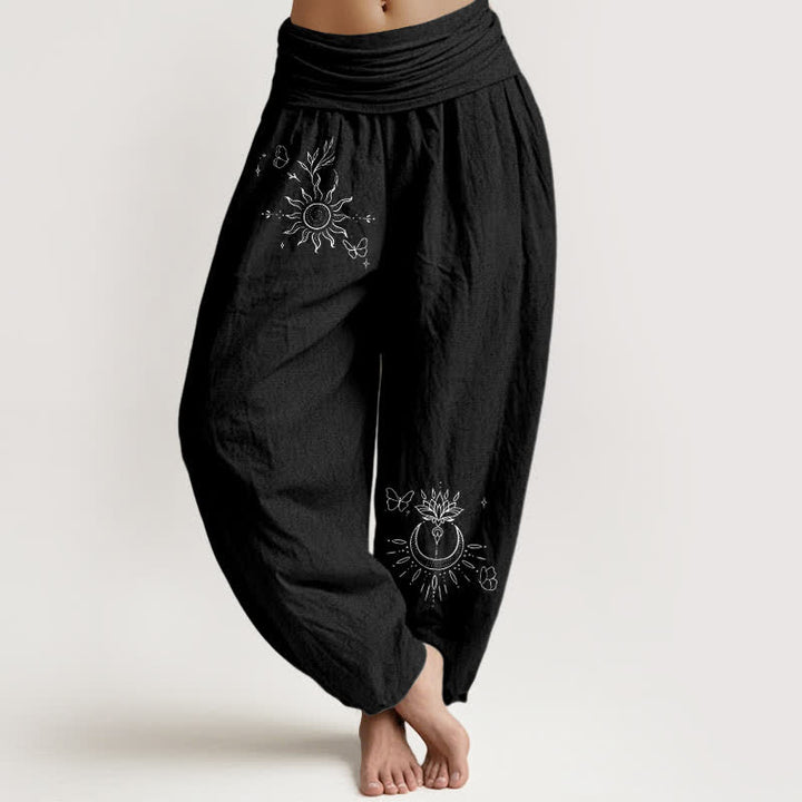 Buddha Stones Pantalones harem de algodón puro con estampado de mariposas, sol, loto y luna para mujer, con cintura elástica. - Negro - US16，UK/AU20，EU48 (3XL) - image 0