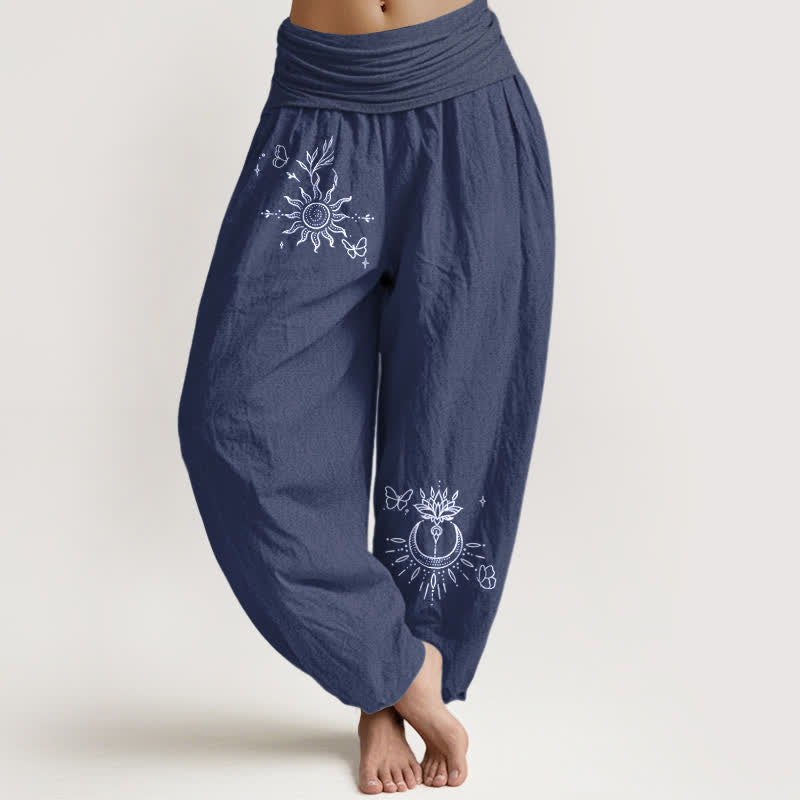 Buddha Stones Pantalones harem de algodón puro con estampado de mariposas, sol, loto y luna para mujer, con cintura elástica. - Azul pizarra oscuro - US16，UK/AU20，EU48 (3XL) - image 5