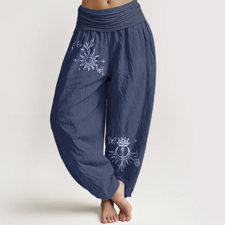 Buddha Stones Pantalones harem de algodón puro con estampado de mariposas, sol, loto y luna para mujer, con cintura elástica. - Azul pizarra oscuro - US16，UK/AU20，EU48 (3XL) - image 5
