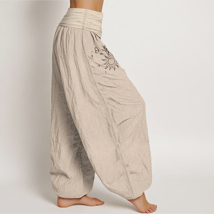 Buddha Stones Pantalones harem de algodón puro con estampado de mariposas, sol, loto y luna para mujer, con cintura elástica. - image 9