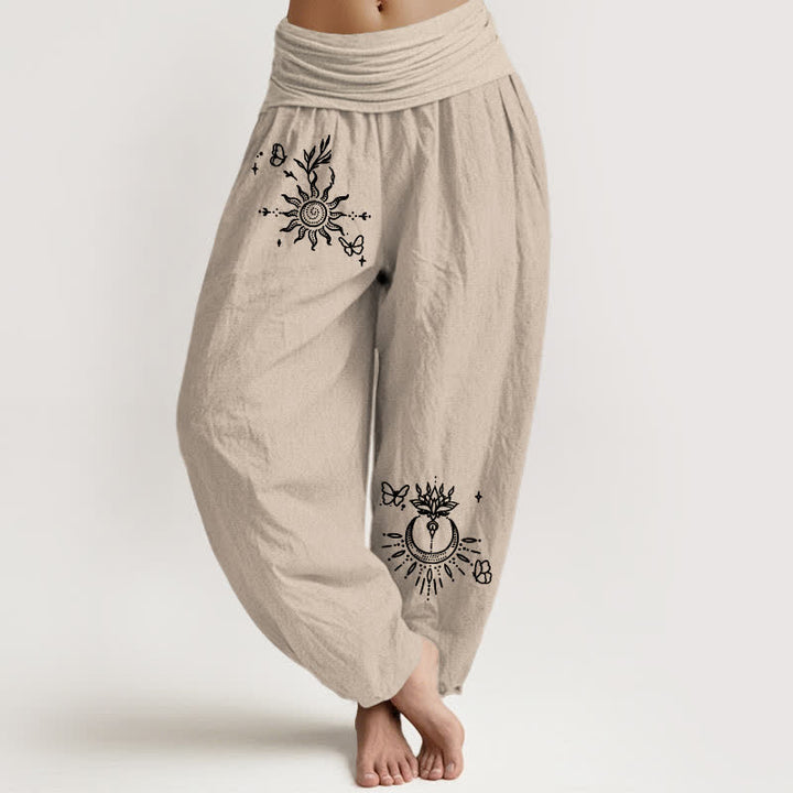 Buddha Stones Pantalones harem de algodón puro con estampado de mariposas, sol, loto y luna para mujer, con cintura elástica. - Broncearse - US16，UK/AU20，EU48 (3XL) - image 8