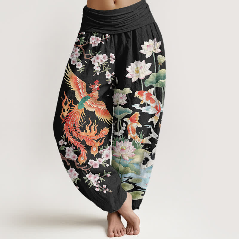 Buddha Stones Pantalones harem de mujer con cintura elástica y estampado de loto koi y fénix de algodón. - Negro - US16，UK/AU20，EU48 (3XL) - image 0